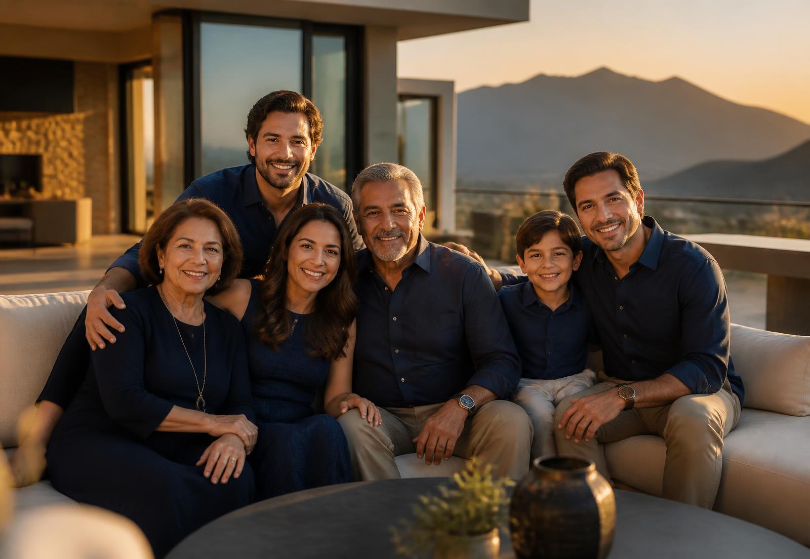 Familia mexicana multigeneracional en la terraza de su casa al atardecer