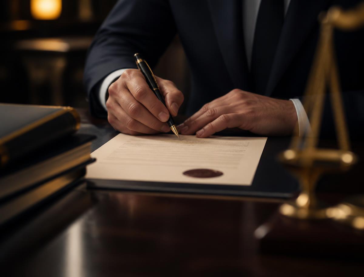 Firma de un documento notarial para una sucesión testamentaria