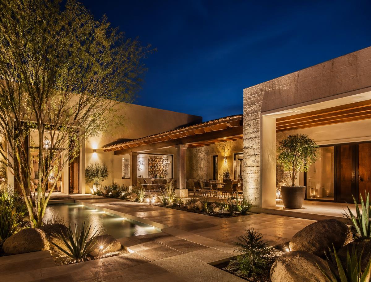 Residencia contemporánea mexicana iluminada al anochecer